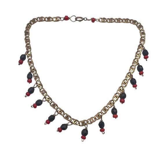 Jewelry - Vintage 1/20 14K Gold-Filled Anklet Bracelet Black Red Bead Charms Dangle 9.5"